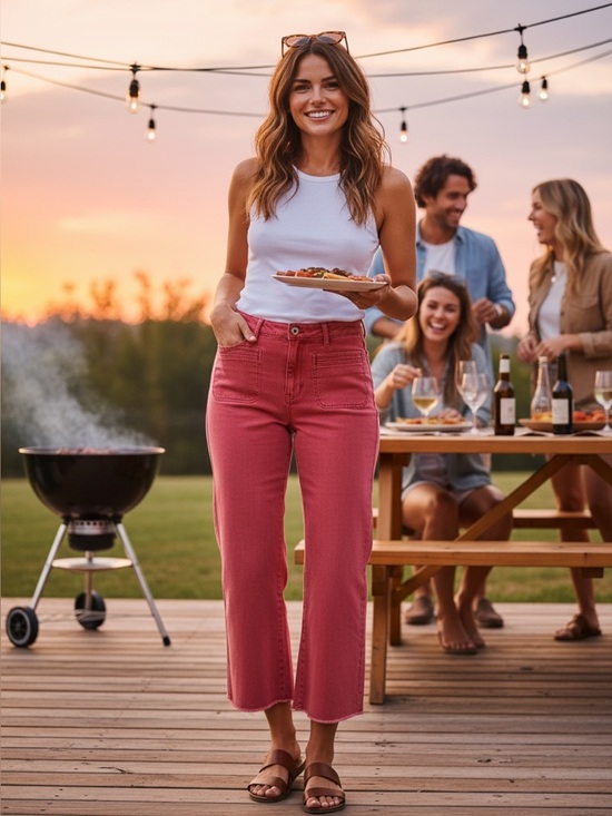 J. Jill Denim - J. Jill Mid-Rise Welt-Pocket Wide-Leg Crops in Pomegranate 12